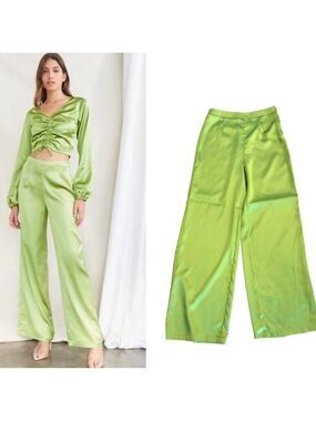 Forever 21 green satin high waisted wide leg pants Sz M side zipper NWOT